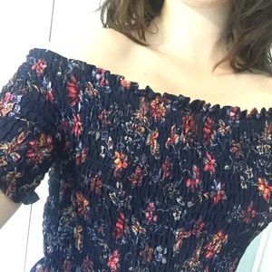 Navy off-the-shoulder romper